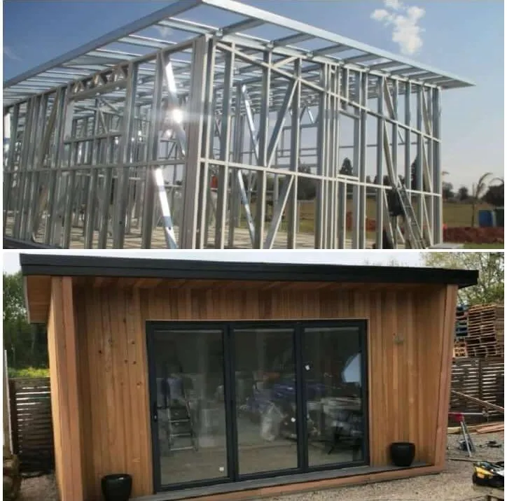 Steel garden building frame fixed to ground screws