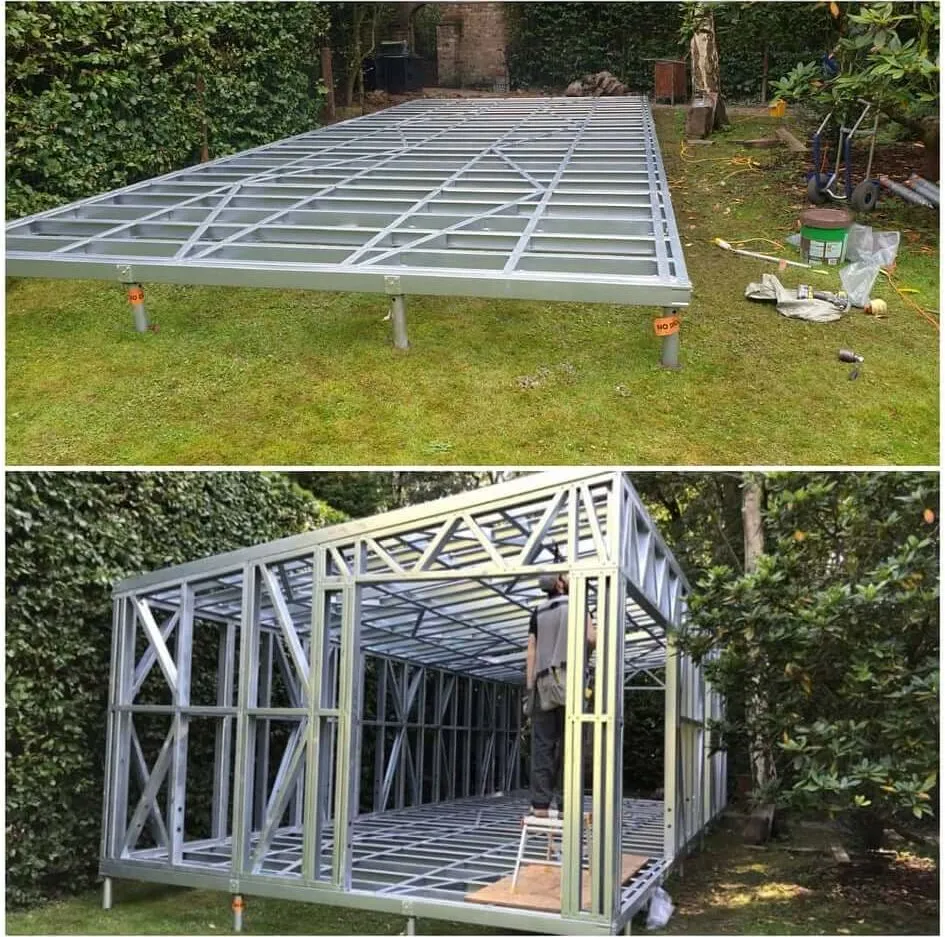 Raised ground screw foundation frame with steel building frame