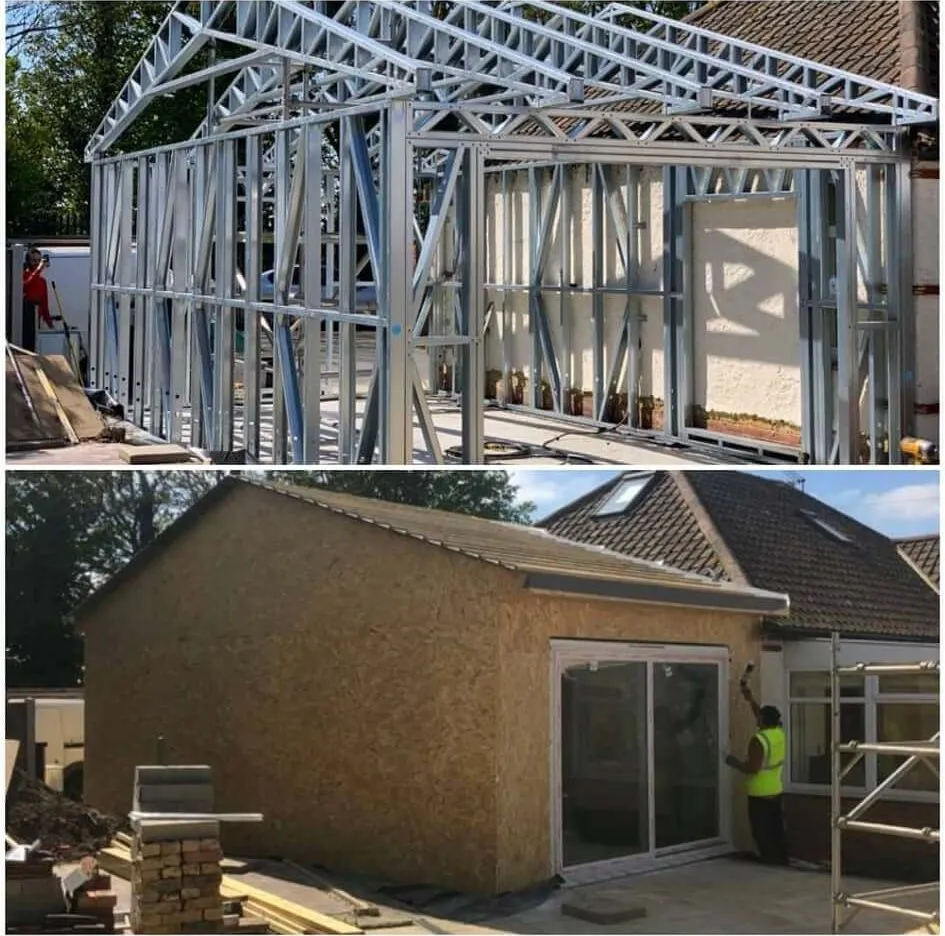 House extension steel frame founded on ground screws