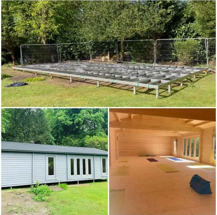 Ground screw frame and the finished garden building above it