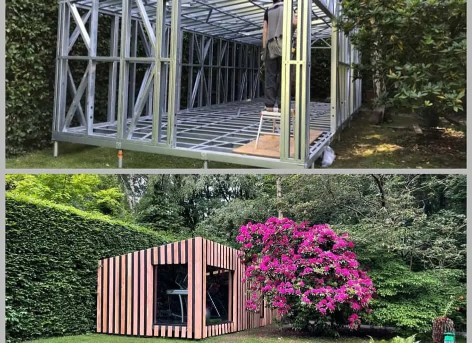 Steel frame garden building progressing to a timber clad finish