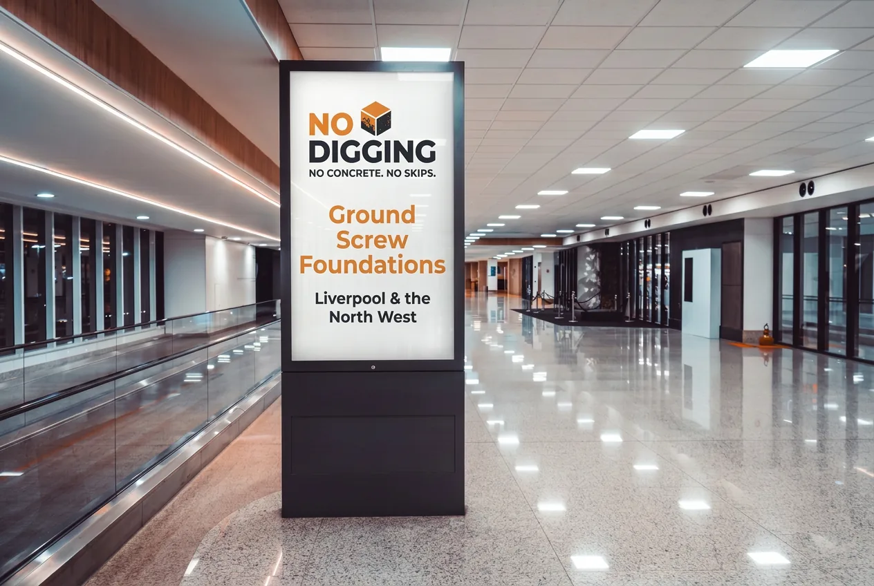 No Digging ground screw foundations poster displayed in a freestanding indoor advertising panel